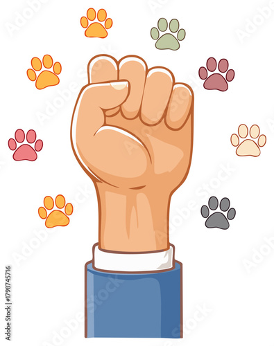 Clenched fist with colorful paw prints concept for pets.