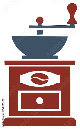 Elegant coffee grinder graphic, classic tabletop mill with coffee bean symbol