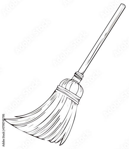 Simple hand-drawn illustration of a traditional broom with bristles and wooden handle