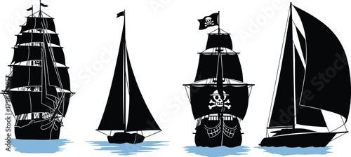 Sailing ship illustration set with tall ship, pirate ship and modern yacht on the sea
