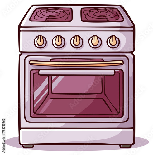 Cartoon illustration of a purple electric stove with four burners and an open oven door