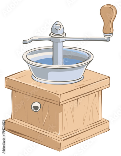 Classic Wooden Box Manual Coffee Grinder with Hand Crank Vector Illustration