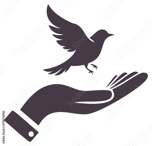 Stylized hand releasing a flying dove, freedom and peace symbol vector illustration