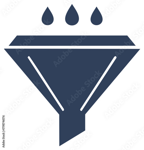 Dark blue funnel pouring liquid drops for filtering or separation concept