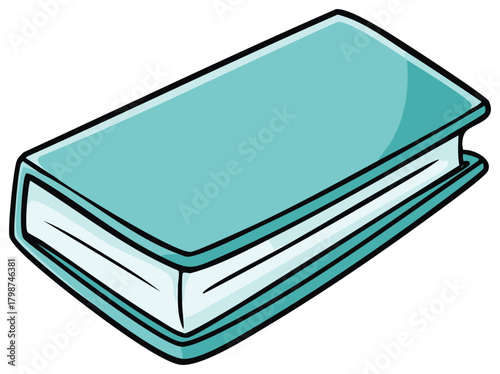 Simple cartoon closed book with a turquoise cover and white pages displayed at an angle