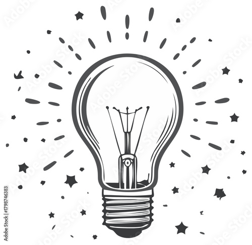 Bright idea bulb radiating creative energy represented in hand drawn outline style with star particles. Conceptual vector illustration for solutions.
