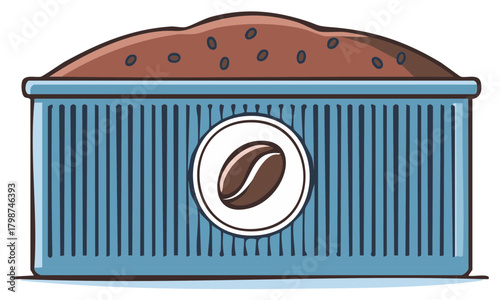 Blue container with coffee beans and ground coffee, coffee shop design