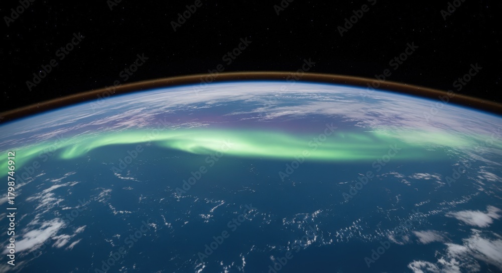 Fototapeta premium Ethereal Aurora Borealis Dances Above Earths Curvature, a Cosmic Spectacle.
