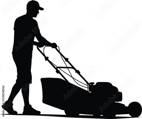 Man pushing lawn mower silhouette for gardening, yard work, grass cutting, and outdoor lawn care illustration design projects.