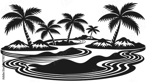 Black and white tropical island scene with palm trees and water