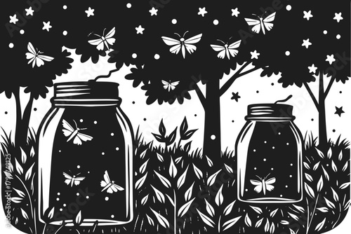 Whimsical fireflies captured in glass jars under starry night