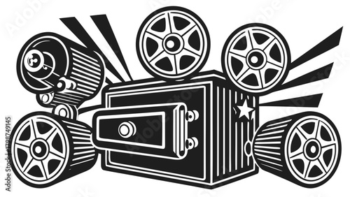 Retro film projector illustration with film reels and star graphic