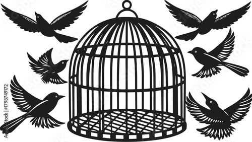 Flock of birds flying freely around an empty birdcage silhouette.