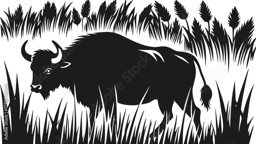 Wild american bison standing in tall grass, nature vector graphic