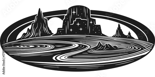 Stylized alien world landscape with rings and fantasy structures