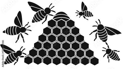 Honey bees and natural beehive graphic silhouette design vector
