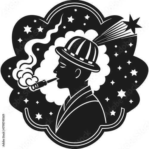 Man in hat smoking pipe amidst stars and shooting star graphic art