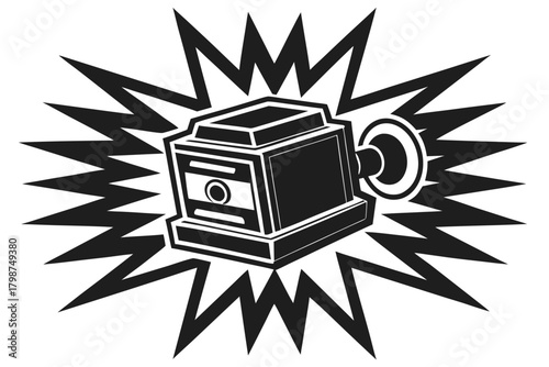 Classic film projector with explosion burst effect illustration