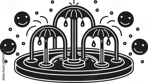 Simple black line art fountain with joyful smiling face icons