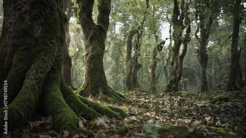 A dense forest scene with moss-covered trees and a ground covered in fallen leaves.