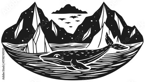 Whale swimming in arctic waters, icy mountains, and starry sky