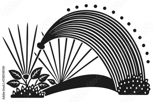 Stylized garden sprinkler watering plant and grass icon graphic