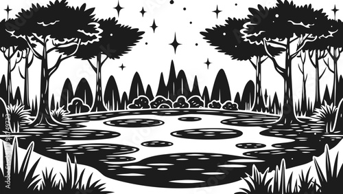 Enchanted forest pond scene under a starry night sky illustration