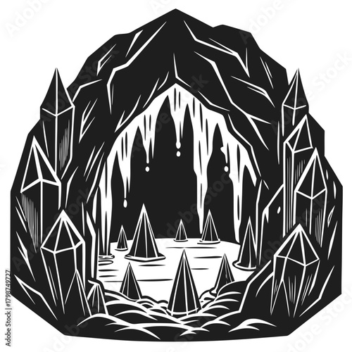Stylized fantasy ice cave with sharp crystals and icicles art