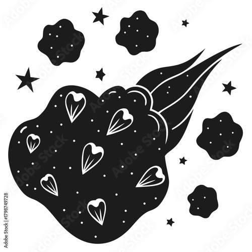 Stylized comet with heart patterns, tail, and scattered stars