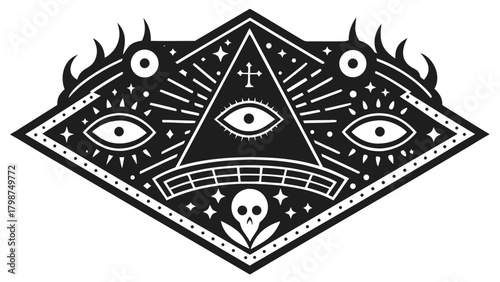 Esoteric pyramid with all-seeing eye, skull, mystic occult emblem