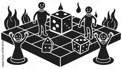 Abstract game board with players, dice, and fiery competitive challenge