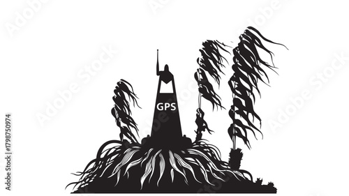 Eerie GPS navigation tower silhouette rising from an alien landscape, a beacon in the unknown, perfect for fantasy art or mysterious technology concepts, stark black and white design