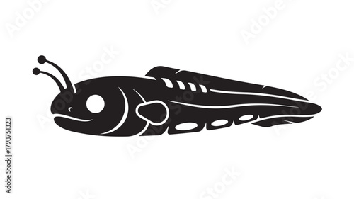 Whimsical black and white caterpillar illustration smiling with antennae, perfect for children's books and nature themed designs, a charming and playful character design element