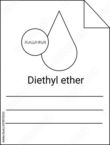 Chemistry doodle Diethyl ether Depicted is a circle raindrop page corner fold text and lines on a white background