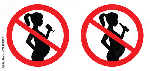 pregnant, woman, pregnancy, no alcohol, no smoking, prohibition, warning, health, safety, baby, fetus, unborn child, medical, healthcare, danger, risk, forbidden, red circle, cross, silhouette, icon, 