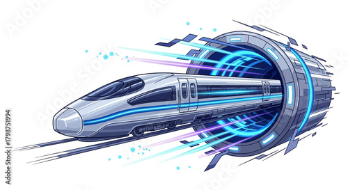 Futuristic high-speed train speeding through a neon portal, showcasing advanced technology and rapid transit solutions for modern transportation systems