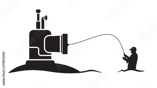 Whimsical underwater adventure shows a playful submarine fishing for a fisherman in a fun, creative ocean scene, perfect for children's books or imaginative designs