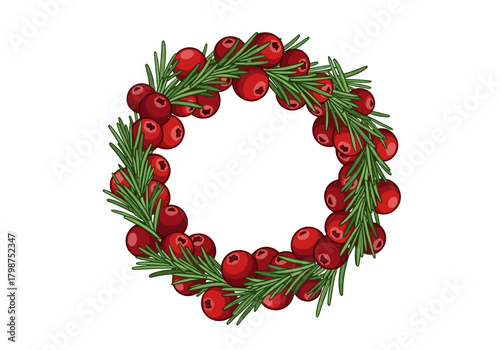 Cranberry wreath with evergreen branches for Christmas and New Year background  