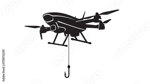 Modern drone silhouette with a fishing hook dangling below, perfect for technology and outdoor adventure branding, use in fishing promotions or innovative tech campaigns, eye catching design