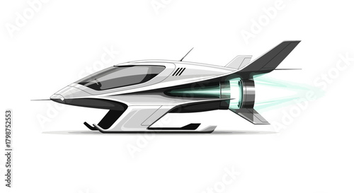 Sleek futuristic spaceship design with glowing engine, ideal for science fiction concepts and technological innovation, modern aerospace design in white