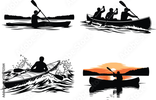 Kayak and canoe silhouettes set with paddlers on river waves and sunset lake scene