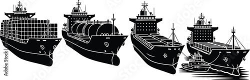 Cargo ship silhouettes set with container, tanker, bulk carrier and tugboat in frontal view