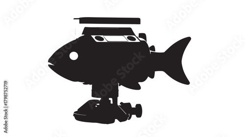 Creative abstract fish silhouette with camera lens and tripod, perfect for creative photography marketing, showcasing unique concepts, and capturing attention with playful design elements