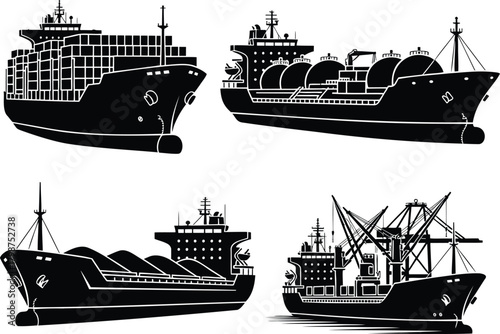 Cargo ship silhouettes set with container vessel, tanker and bulk carrier in side view