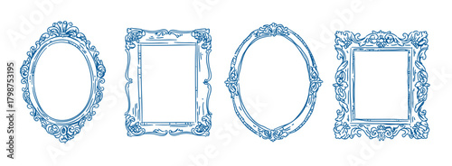 Vintage Frames in sketch style set, Whimsical hand drawn ornamental badge and borders, Antique ornate elegant decorative elements vector illustration 