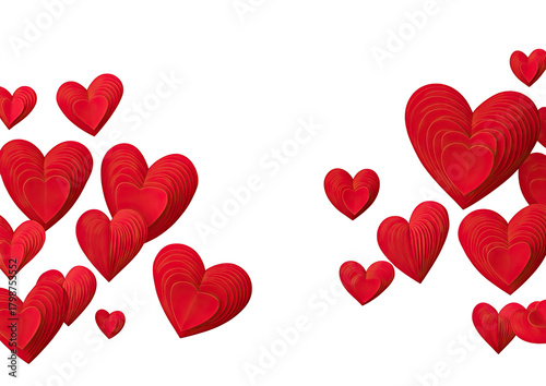 Red layered hearts float against a pure black backdrop