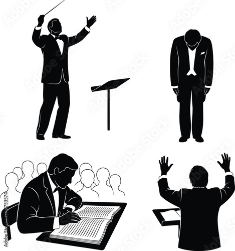 Orchestra conductor silhouette set with concert audience and music score scenes
