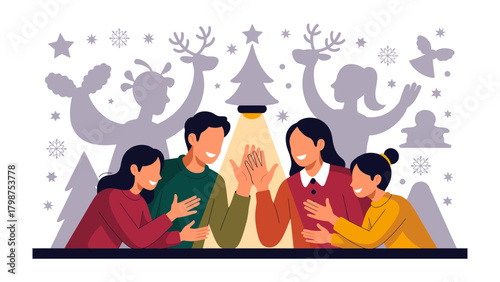 Festive Celebration Silhouette:  A joyful group of friends engaging in a shared celebration, amidst a backdrop of holiday cheer. Capturing the spirit of togetherness, laughter.