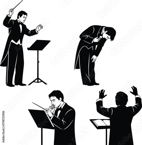 Orchestra conductor in tuxedo silhouette set leading music and bowing on stage