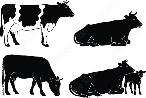 Cow and calf silhouettes set with grazing and resting cattle vector illustration